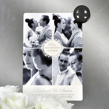 Elegante Schönschrift Collage vier Fotos Save the Date Magnet 10,16 x 15,24 cm