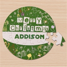Fröhliche Weihnachten Rundes Puzzle Personalisieren Durchmesser 18,4 cm Grün