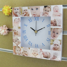 Weiße Uhr Kollage Großes Zifferblatt  Himmelblaue Römische Ziffern