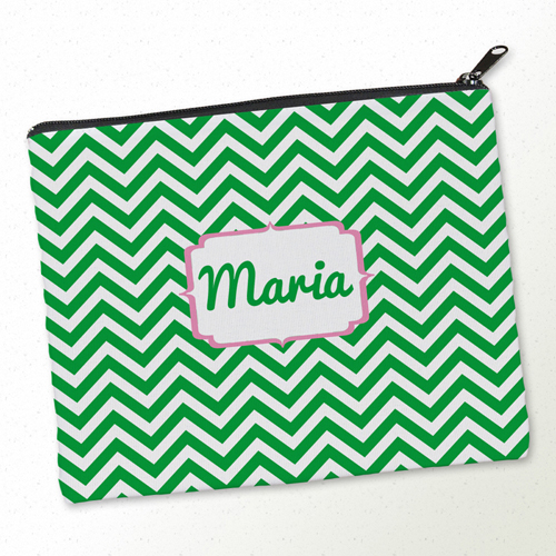 Grüne Zickzack Kosmetiktasche Rosa Monogramm Gestalten 20,3 x 25,4 cm
