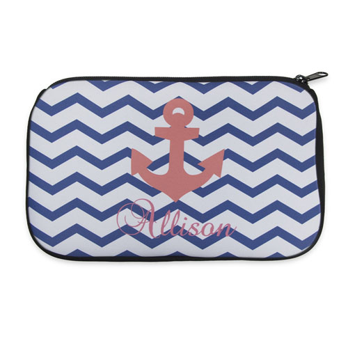 Navy Blaue Wellen Roter Anker Kosmetiktasche 15,2 x 25,4  cm