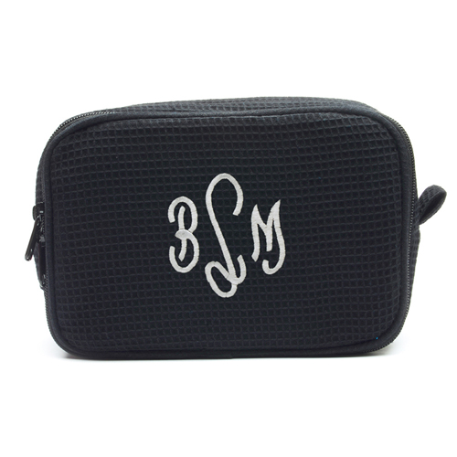 Waffelmuster Schwarz  Drei Buchstaben Bestickte Kosmetiktasche 15,7 x 22,9 cm