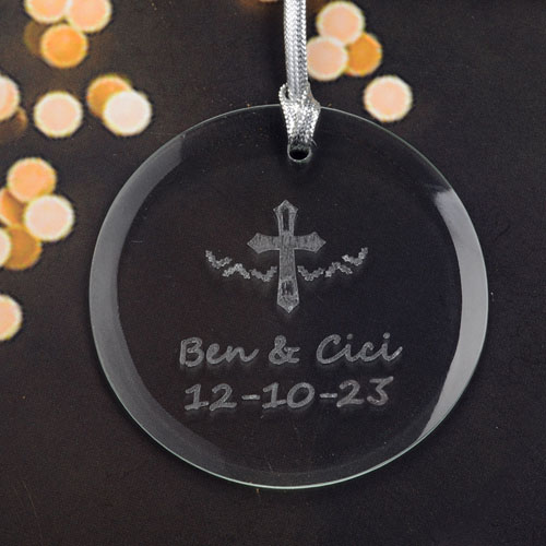 Weihnachtsschmuck mit Kreuz Personalisieren mit Gravur Glas Rund