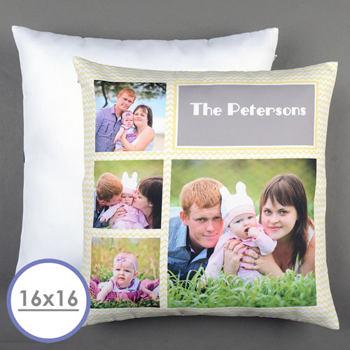 Collage Vier Fotos Gelb Chevron Personalisierter Kissenbezug 40,6 x 40,6 cm