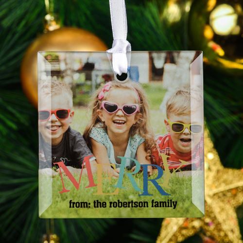 Merry Fröhliche Weihnachten Glasschmuck Personalisieren Foto Quadrat