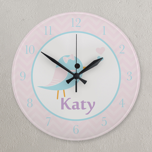 Vögelchen Pink und Blau Runde Wanduhr Personalisieren Acryl 27,3 cm
