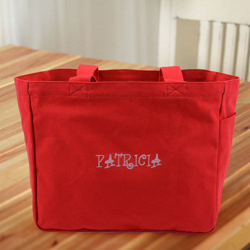 Bestickte Baumwolltasche Monogramm hinter Text Personalisieren Rot