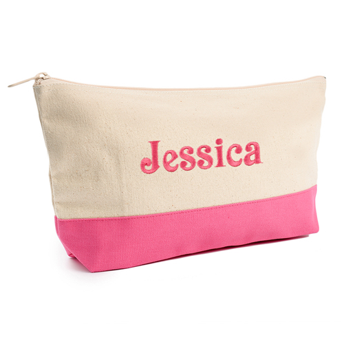 Hot Pink Weiß Bestickte Kosmetiktasche Personalisieren 17,8 x 27,9 cm