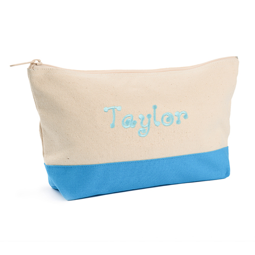 Hellblau Aqua Weiß Bestickte Kosmetiktasche Personalisieren 17,8 x 27,9 cm