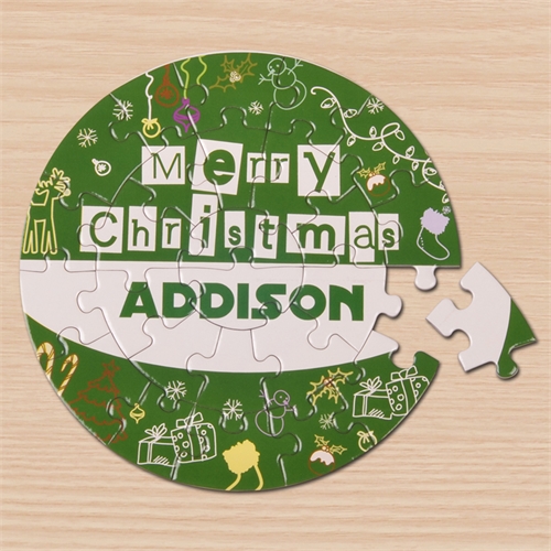 Fröhliche Weihnachten Rundes Puzzle Personalisieren Durchmesser 18,4 cm Grün