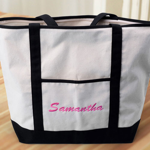 Schwarze Bestickte Stofftasche Groß mit Reißverschluss